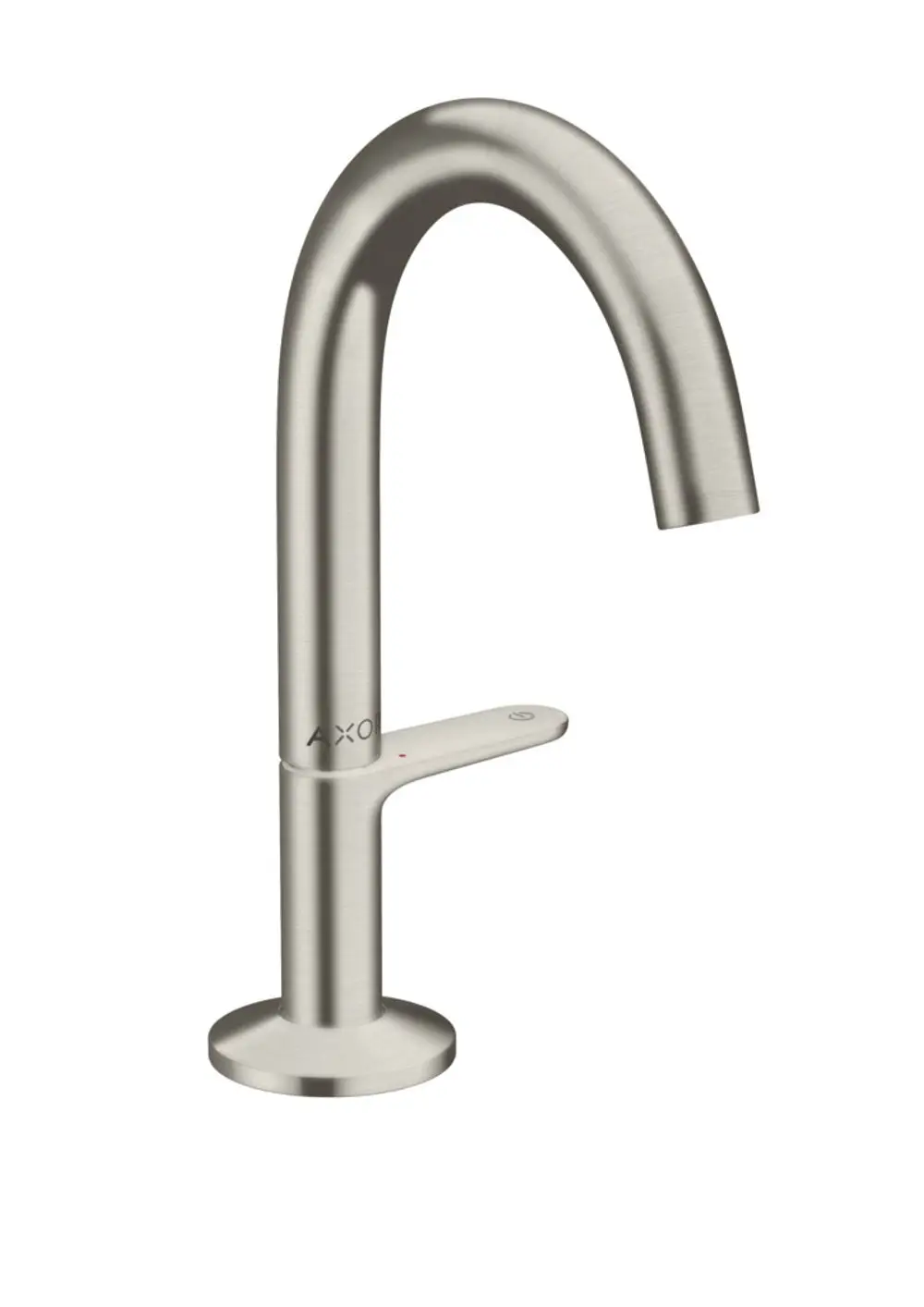 Waschtischmischer aus Edelstahl mit runder Form und Hebel. Design von AXOR, ausgestattet mit Push-Open Ablaufgarnitur.